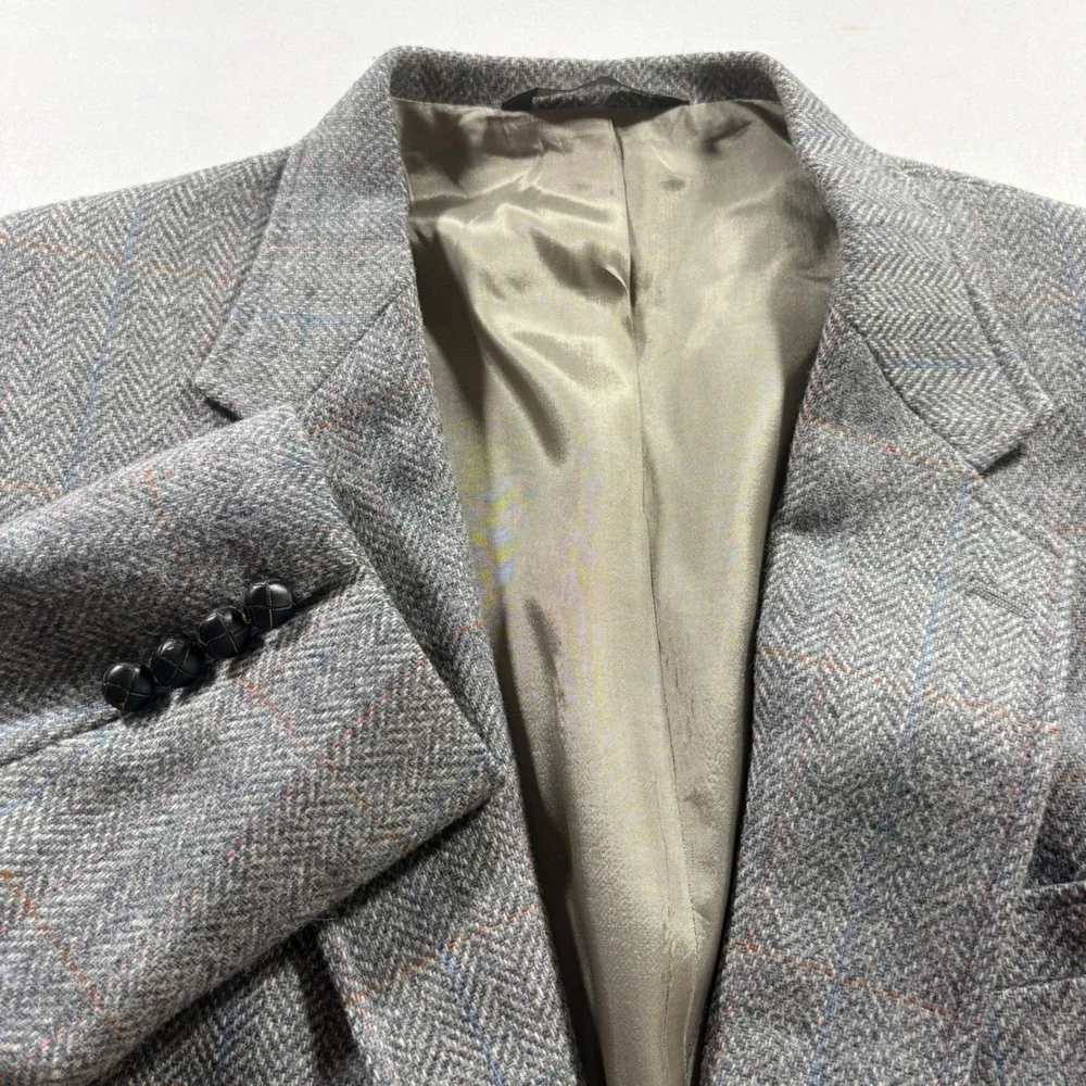 Oakton Ltd Wool Blazer Mens 46R Grey Herringbone Windowpane Sport Coat USA Made